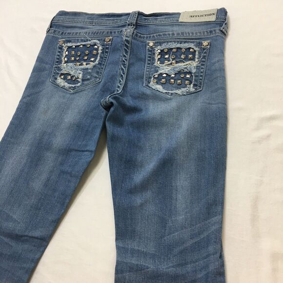 AFFLICTION Jenna Jeans Women 32x32 (30 tag) Gothic Studs Stretch Denim Crystal - Picture 7 of 16